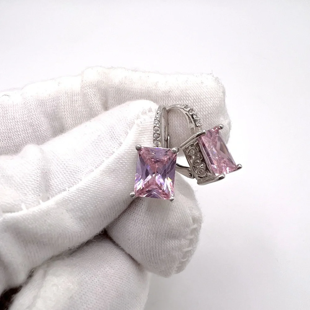 .925 Sterling Silver 9mmx7mm Rectangle Pink Cz Lever Back Earrings - Picture 6 of 13